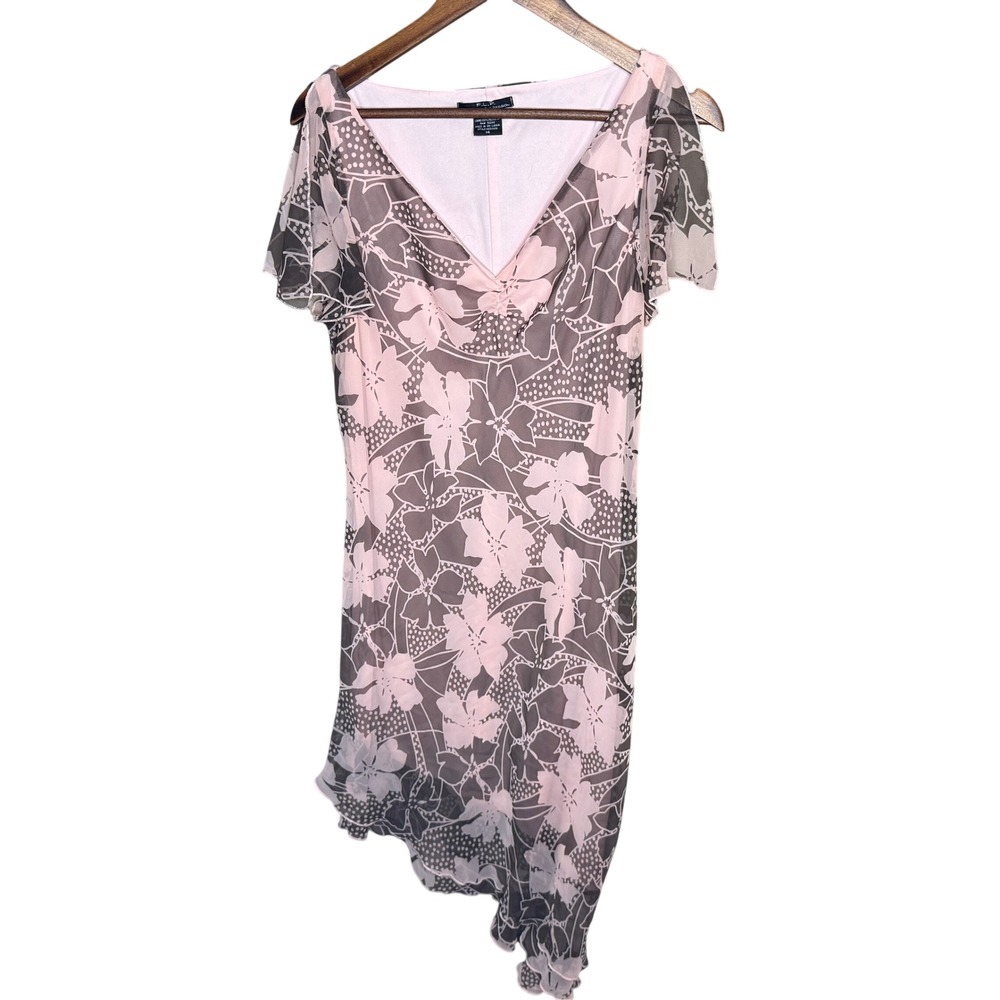 Y2K Pink Black Floral Asymmetrical Mesh Midi Dress Flutter Sleeves Spring Summer